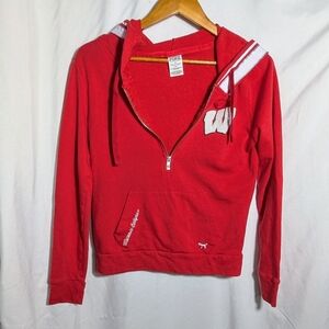 Pink Victoria's Secret Red WI‎ 1/2 Zip Hoodie, Embellished W, Striped Hood, Sz S